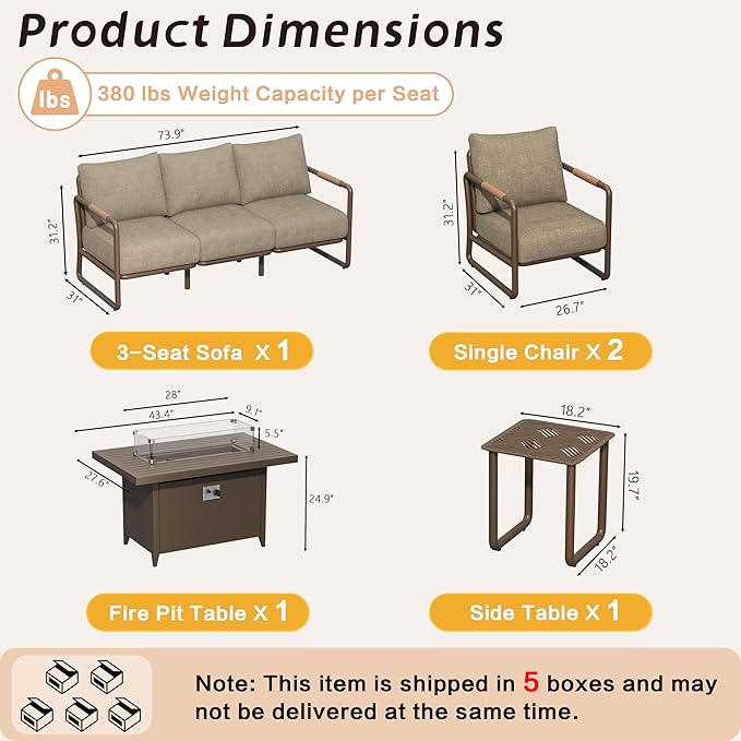 Outdoor Aluminum Patio Furniture Set, 5-Seats Patio Conversation Sofa Set with Oversized Fire Pit Table w/Glass Wind Guard, All Weather for Balcony, Garden-Brown