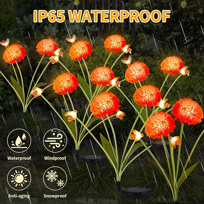 Solar Garden Lights Outdoor, 4 Pack Solar Flowers Lights with Bee, Waterproof Solar Lights Outdoor for Garden Yard, Patio, Pathway, Wedding, Festival Decor, Gift for Women, Mom Grandma