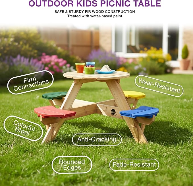 Plum® Kids Picnic Table - Wooden Toddler Table and Chairs Set, Outdoor Furniture for Patio, Garden, Backyard Dining & Activity, 4 Built-in Benches, Sturdy, Durable, Weatherproof, Ages 3+, Natural