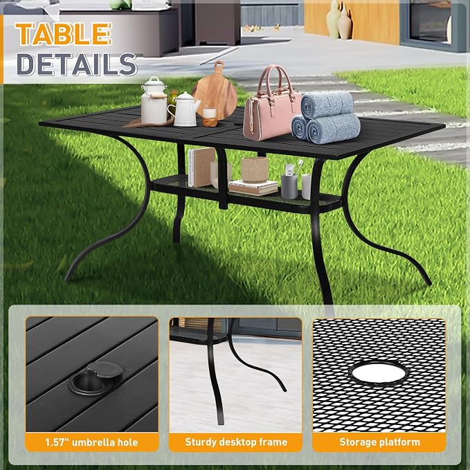 SUNCROWN 8-Piece Outdoor Wrought Iron Chairs and Table Patio Dining Furniture Set - 6 Stackable Metal Chairs, 1 Steel Slat Bistro Table and 1 Sky Blue 9Ft Patio Umbrella for Garden Backyard Deck