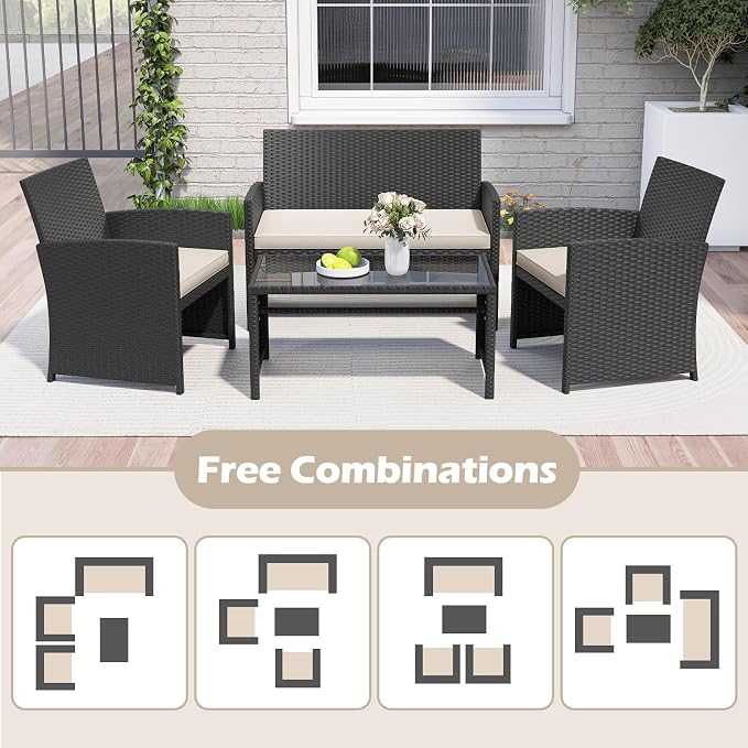 RELAX4LIFE 4-Piece Patio Furniture Set - Wicker Rattan Outdoor Sectional Sofa Set w/Glass Coffee Table, Loveseat, 2 Chairs & Soft Cushions, Bistro Conversation for Garden Porch (1, Black-White)