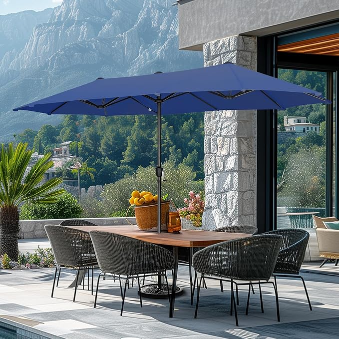 GREEN PARTY 13ft Rectangle Patio Umbrella, Double Sided Outdoor Table Umbrella with Crank & 1.5" Pole, Large Market Umbrella for Poolside Garden Deck Backyard, Haze Blue