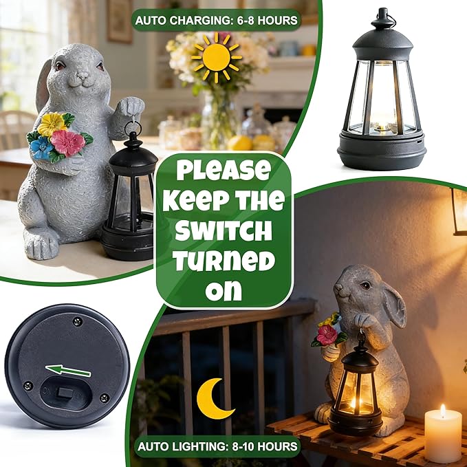 Solar Garden Statues, Resin Bunny Statue w/ Flower, Waterproof Figurine Rabbit Garden Statue for Outside Yard Outdoor Home Patio Lawn Decor, Solar Animal Lights for Adults Women Birthday Easter Gifts