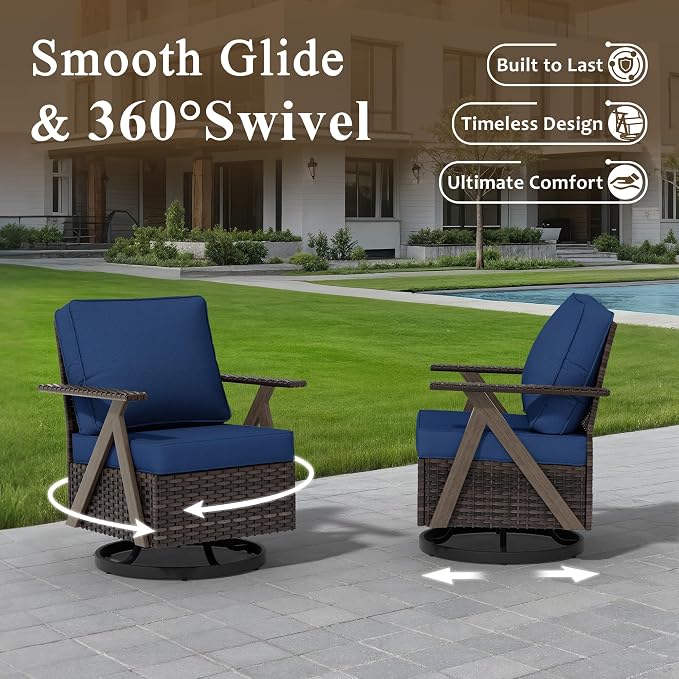 6 Piece Patio Furniture Set, Wicker Patio Conversation Set with Swivel Glider Chair and Outdoor 3-Seater Sofa and 2 Ottomans and Side Table for Deck Yard and Poolside