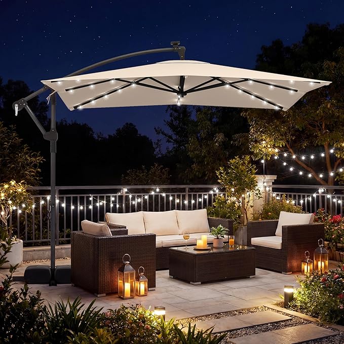 Tangkula 8x8 FT Solar Patio Umbrella with Base Included, Square Offset Cantilever Outdoor Umbrella with 32 LED Lights, 360 Degree Rotation, Crank Handle, 2 Sandbags, 8 Ribs, Air Vent for Pool Deck Garden Backyard