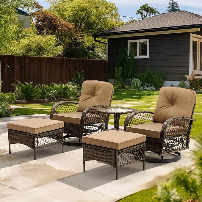 EROMMY 5 Pieces Outdoor Swivel Rocker Patio Chairs, 360 Degree Rocking Patio Conversation Set with Thickened Cushions, Glass Coffee Table and Ottomans for Backyard, Khaki
