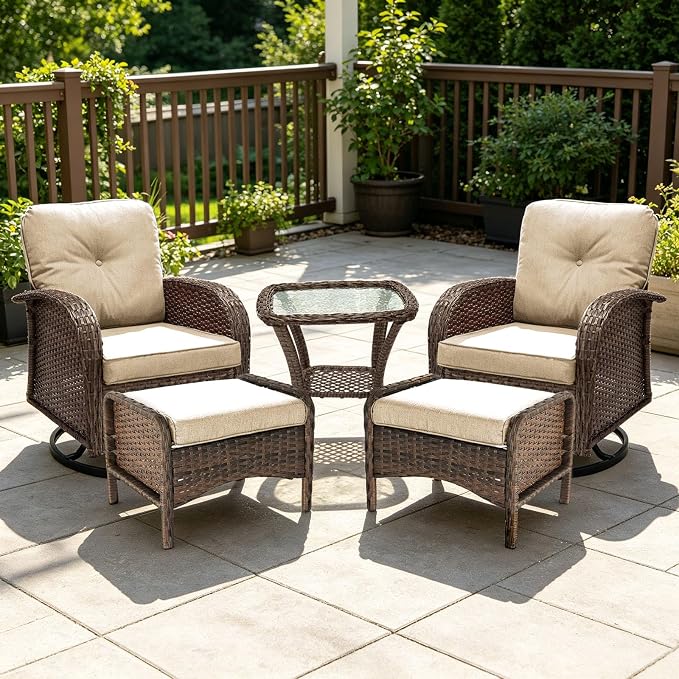 Outdoor Swivel Rocker Patio Chairs (Brown Wicker/Khaki Cushion, 5PC/Swivel & Side Table & Ottomans)