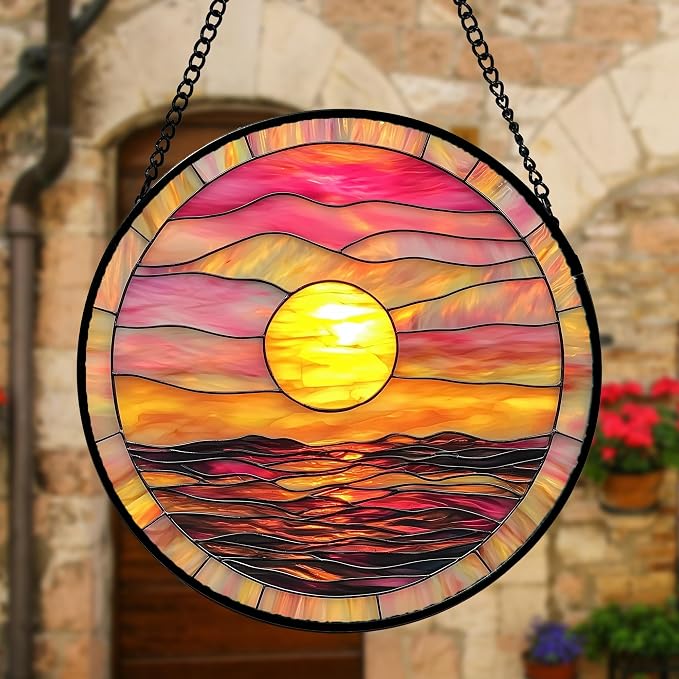 DASTOLL Stained Glass Window Hanging, Sunrise Sea Surface Sun Catchers Diamond Glass Panel Hangings Abstract Suncatcher Decor for Birthday for Women, Men, Wife, Aunt, and Mom 11.8 in
