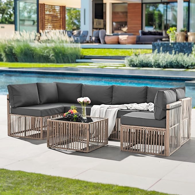 Pamapic 7-Piece Patio Furniture Set, Large Handwoven Wicker Outdoor Sectional Set with Coffee Table, All-Weather Patio Sofa Conversation Set for Backyard, Poolside, Garden