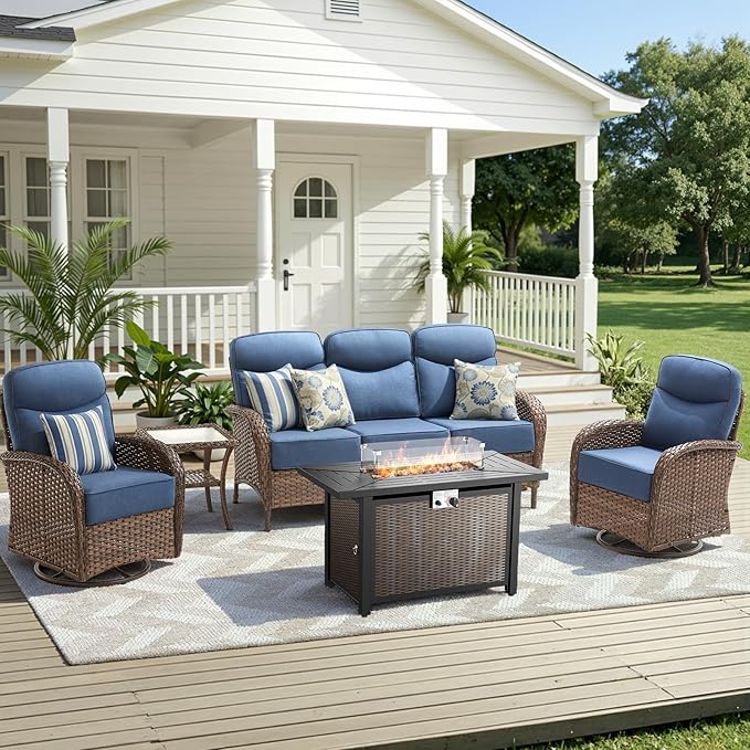 Luxury Patio Furniture Set with 42.5" Fire Pit Table, 6-Inch Thick Cushions Wicker Outdoor Furniture with High Back Swivel Patio Chairs Set of 2, Patio Conversation Set for Deck Garden Porch, Blue