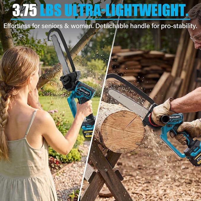 8-Inch Battery Chainsaw Cordless Mini Chainsaw 640W Brushless Electric Chainsaw 13m/s 2x4000mAh Batteries Built-in Caliper 90° Rotating Head 3.75lb Small Battery-Powered Chainsaw Pruning