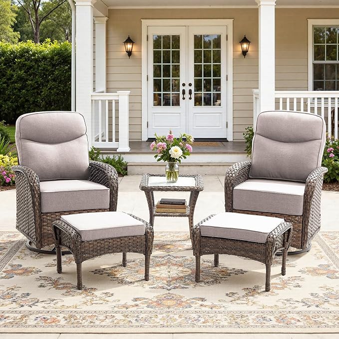 5-Piece Luxury Patio Furniture Set with 6-Inch Thick Cushions, High-Back Outdoor Swivel Rocker Chairs and Table, All-Weather Conversation Set for Porch, Deck, Balcony or Backyard – Beige