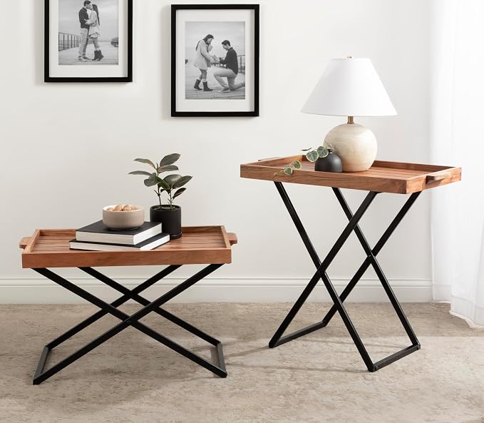Kate and Laurel Monaco Transitional Wood Tray Table for Patio, 31 x 16 x 28, Natural Brown and Black, Decorative Modern Indoor or Outdoor Coffee Table or Side Table with Removable Serving Tray Top