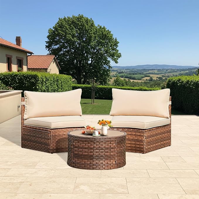 ECOTOUGE Patio Furniture Set, 3 Piece Half-Moon Sectional Round Patio Furniture Set, Wicker Sofa with Tempered Glass Round Coffee Table for Pool Backyard Patio Garden(Beige/Brown)