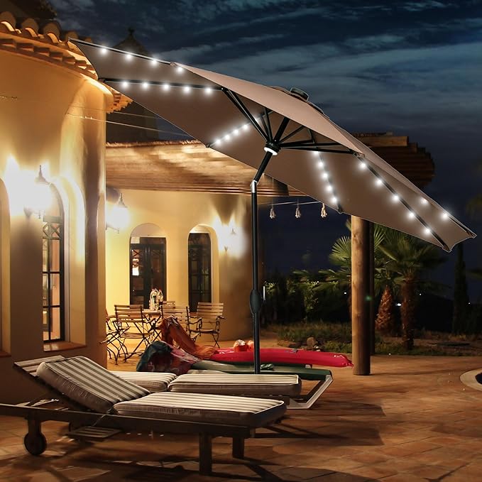 GDY 10Ft Patio Umbrella, Table Umbrella with 40 LED Lights, Outdoor Umbrellas for Patio, with Tilt and Crank, Center Light, for Garden, Deck, Backyard, Pool, and Beach.