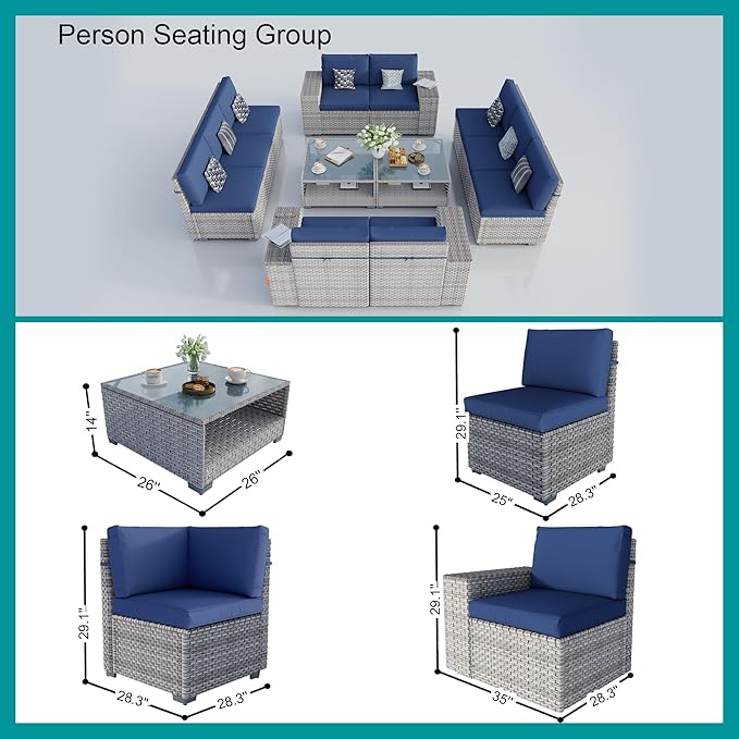 12-Piece Patio Furniture Set, Outdoor Extra Wide Armrest Modular Sectional Sofa, All-Weather Dual-Strand Rattan PE Wicker Conversation Set with Coffee Table for Porch Garden Balcony, Blue