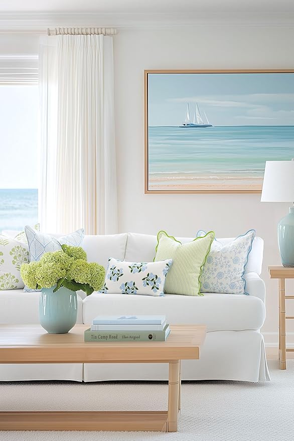 Hofdeco Premium Coastal Patio Indoor Outdoor Lumbar Pillow Cover Only, 12"x20" Water Repellent for Backyard, Couch, Baby Blue Print Hydrangea Flower (Pack of 2)