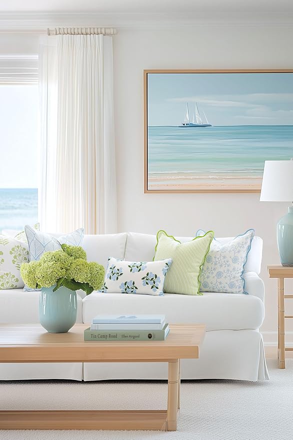 Hofdeco Premium Coastal Patio Indoor Outdoor Scalloped Throw Pillow Cover Only, 20"x20" Water Repellent for Backyard, Couch, Green Print Stripes A