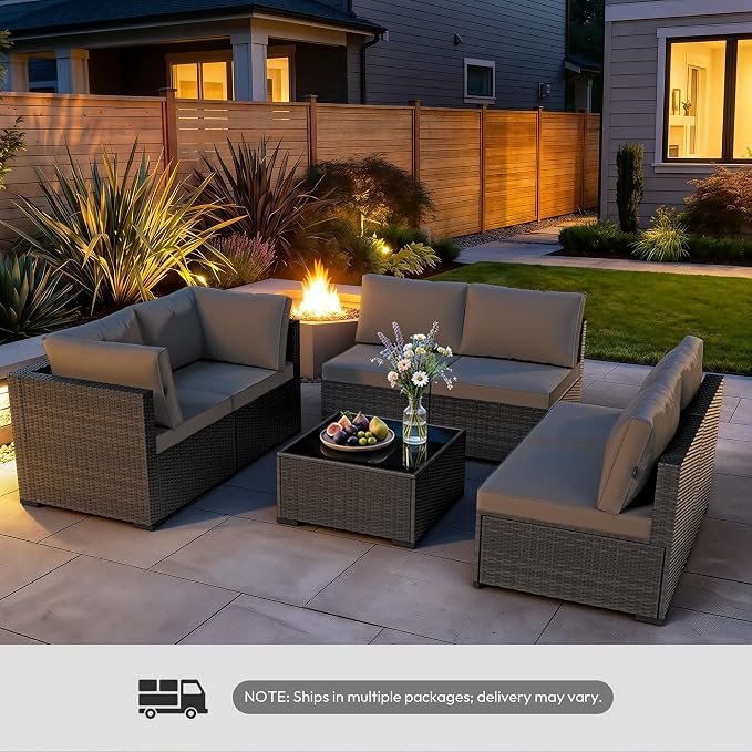 WWR Patio Furniture Set 7 Piece - All-Weather - Wicker Rattan Patio Outdoor Conversation Set, Modular Sectional Sofa for Backyard, Garden, Poolside, Balcony, Porch, Patio, Brown/Dark Gray