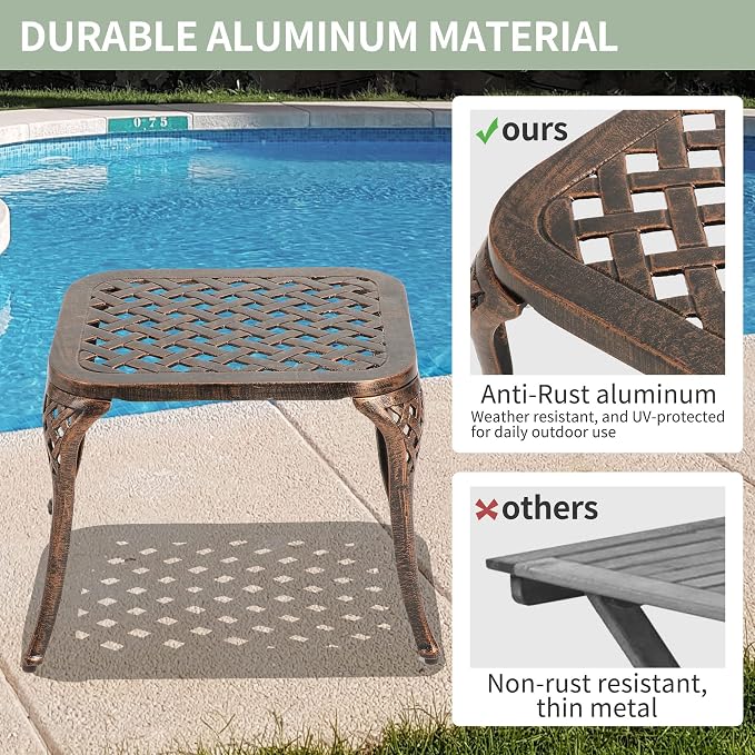 Outdoor Side Table - Patio End Tables Outside Cast Aluminum Anti-Rust Square for Balcony Pool Porch Garden, Antique Bronze