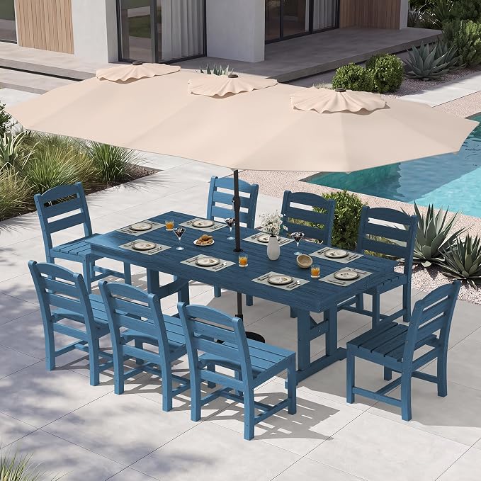 KINGYES 8-Person Outdoor Patio Dining Set with Patio Umbrella,84 inch HDPE Rectangular Table and Chairs Set，Waterproof Furniture Set with Umbrella Hole for Backyard,Blue