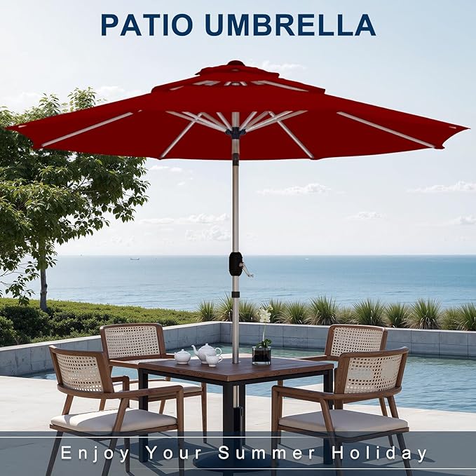 10FT 3-Tier Aluminum Outdoor Patio Umbrella, Fade-Resistant Market Umbrella with Push Button Tilt Function, 8 Sturdy All-Aluminum Ribs for Gardens, Patios, Backyards & Pools