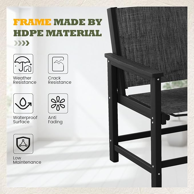 UDPATIO HDPE Dining Chair Set of 2, Heavy Duty Extra-Wide Outdoor Chairs with 360 lb Load Capacity, Easy to Assembly, All-Weather Seating for Patio, Pool, Garden, Backyard,Light-Black