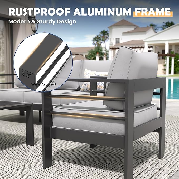 Amopatio Aluminum Patio Furniture Set, 7 Pieces Modern Patio Conversation Sets, Outdoor Sectional Metal Sofa with Coffee Table for Balcony, Garden, Dark Grey&Light Grey (Included Waterproof Covers)