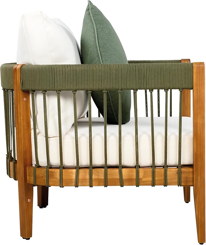 Christopher Knight Home Nadine 3 Pieces Patio Conversation Set, Handwoven Rope Accent Chairs, Acacia Wood Side Table, Tub Shaped Club Chairs, Round Side Table and Chair Set for Yard, Green+Beige