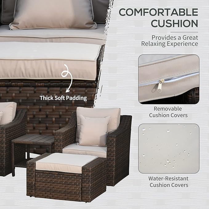 Outsunny 5 Piece Patio Furniture Set, All Weather PE Rattan Conversation Chair, and Ottoman Set with Coffee Table, Cushions & Pillows Included for Balcony, Porch, Deck, Pool, Lawn, Beige