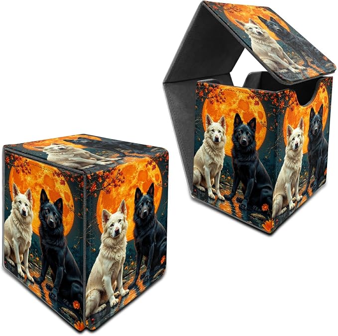 Black White Wolf Card Deck Box for MTG, Personalized Card Storage Case Fits 120+ Sleeved Cards, Premium Leather TCG Box with Strong Magnetic Closure for Magic, CCG, PTCG, Baseball Cards