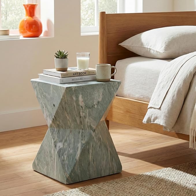 Outdoor Side Table Faux Marble Square Side Table Hourglass End Tables Small Coffee Tables for Patio Garden Stool for Porch, Backyard Balcony,12.2",Weather Resistant, Light Green