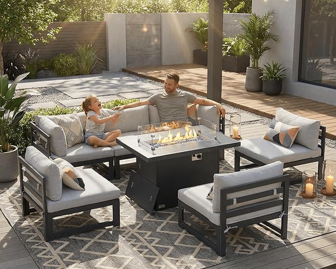 NICESOUL Powder Coated Aluminum Patio Furniture Set with Fire Pit Table, 7 Piece Deep Seat Extra Wide Outdoor Sectional Sofa for 6, L Shaped Luxury Large Conversation Set for Poolside, Light Gray