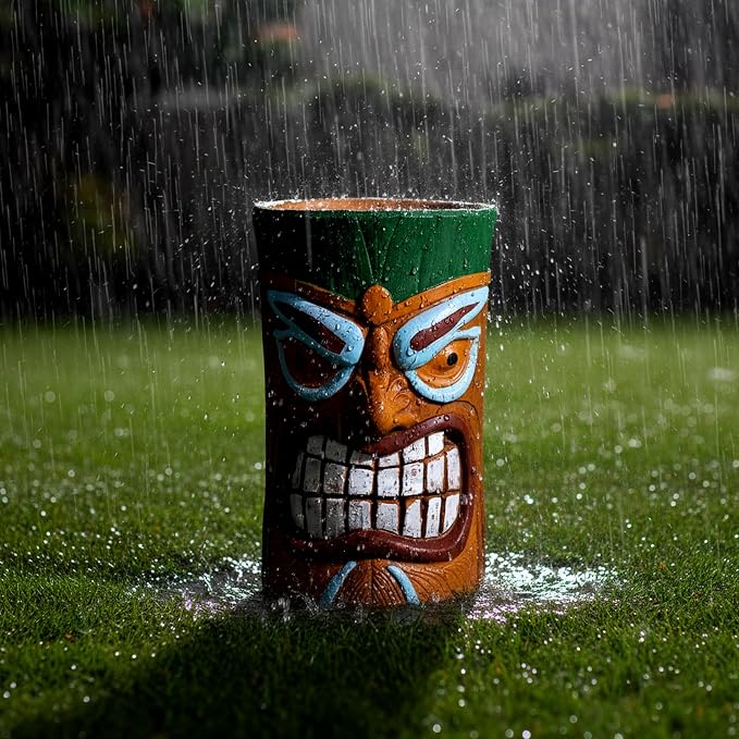 Tiki Outdoor Side Table, 20 Inch Fiber Reinforced Concrete Patio End Table, Decorative Garden Statue Stool with Wood Grain Tribal Mask Design for Garden, Porch, Poolside, Deck