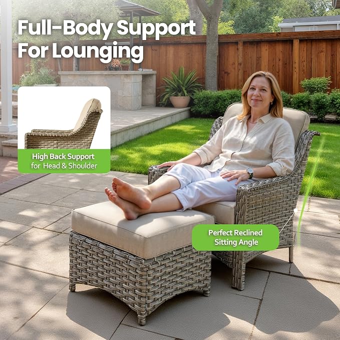 2 Piece Patio Furniture Set, Outdoor Wicker Chairs Set of 2 with Thick Cushion, Heavy Duty High Back Comfortable Chair for Small Balcony Porch Garden, Beige