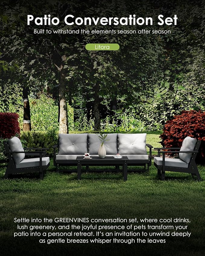 GREENVINES Outdoor-Couch-Set-of-2 | HDPE Plastic | Patio Sectional Conversation Sets | All Weather Couches | Sofa with Detachable Armrests | for Porch Deck Lawn | Black Frame Light Gray Cushion