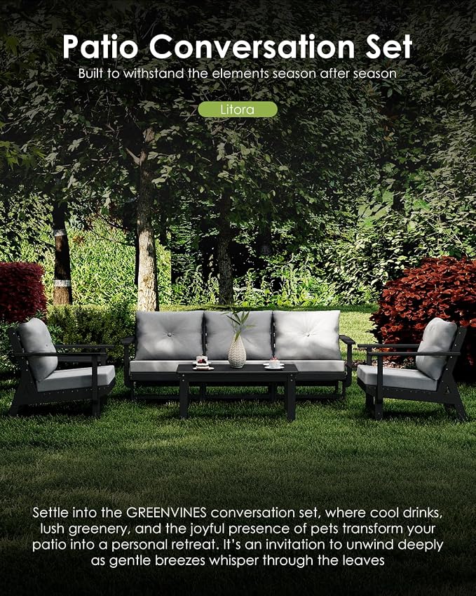 GREENVINES Outdoor-Coffee-Table | HDPE Plastic | Patio Coffee Tables | Rectangle | All Weather | for Balcony Poolside Deck Garden | TriLuxe | Black