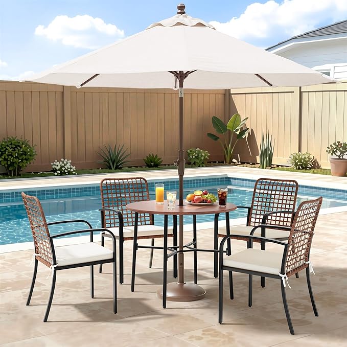 5 Pieces Patio Dining Set, Boho Wicker Outdoor Dining Set with Umbrella Hole, Round Rattan Table and 4 Chairs with Cushions for Garden Backyard