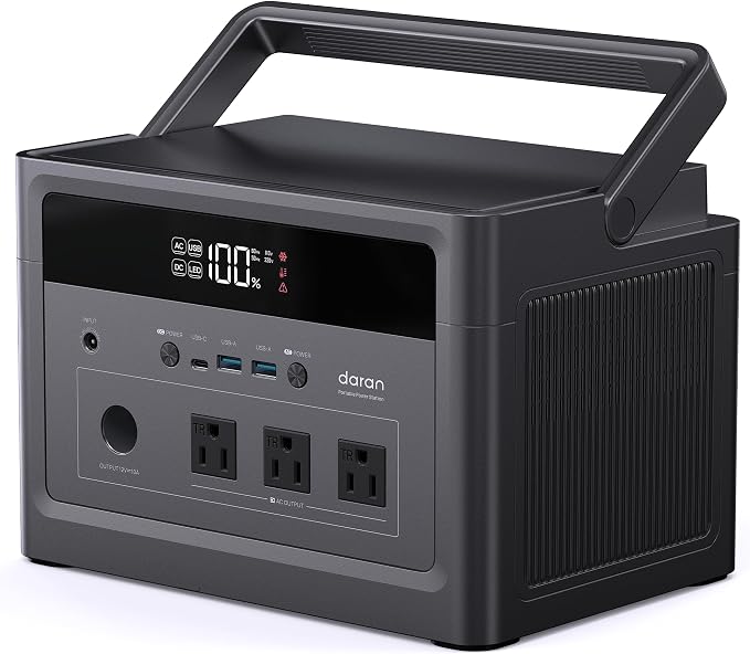 DARAN Portable Power Station 600W (1200W Peak), 576Wh LiFePO4 Solar Generator, Fast Charging Backup Battery with 3 AC Outlets, 100W USB-C PD for Camping, RV, CPAP, Home Emergency