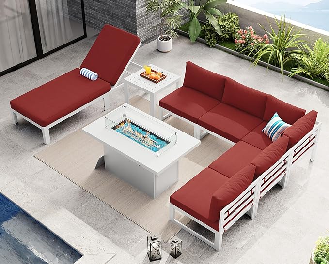 NICESOUL 6 Person Modern Aluminum Outdoor Patio Furniture Set with Chaise & Firepit Table, 29" Wide Deep Seating, All Weather Modular Sectional Couch, Oversized Conversation Set for Poolside Deck, Red
