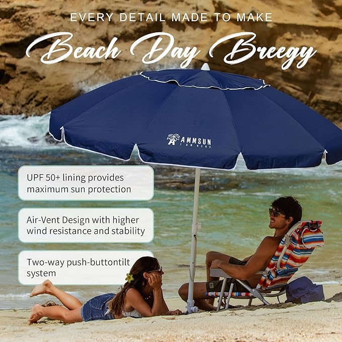 AMMSUN 8 Feet Large Beach Umbrella with Sand Anchor Heavy Duty High Wind Portable Outdoor Umbrellas UV 50+ Protection Air Vent Tilt Patio Garden Pool