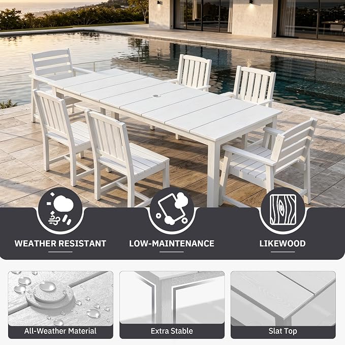 AreShark 9-Piece Outdoor Dining Set,HDPE Patio Table with 8 Chairs,All-Weather Patio Furniture Set with Umbrella Hole,Low Maintenance Wood Grain Dining Set for Backyard,Garden,Poolside,White