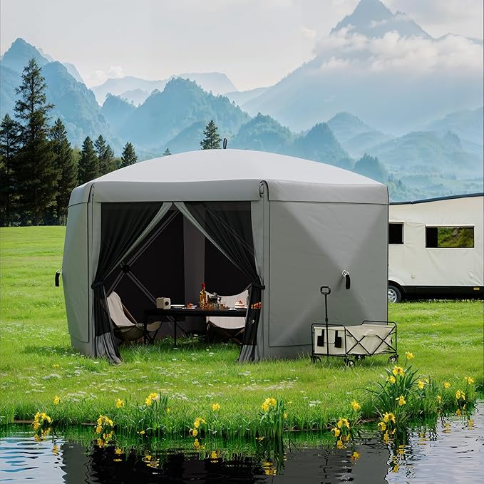 GarveeLife 13x13FT 6-Sided Pop Up Canopy Tent，One-Push Setup Canopy Tent with Removable Canopy Top & Wind Cloths, Outdoor shelter for Camping, Backyard Parties, Outdoor Events - Grey