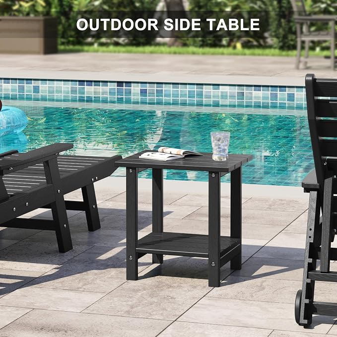 Adirondack Outdoor Side Table with Wood-Like Grain, 16.6" Small Patio End Table, 2-Tier HDPE Plastic Table for Poolside Porch Garden, Weather Resistant & Easy Assembly (Black, Rectangle)