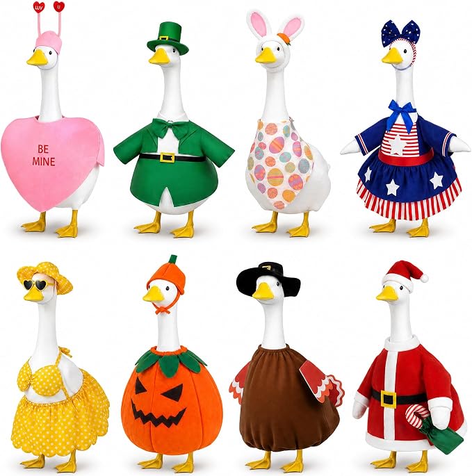 8 Sets Holiday Porch Goose Outfits All Seasons for 17-23 Inch Lawn Goose | Valentine St. Patrick Easter Summer 4th of July Halloween Thanksgiving Christmas Yard Patio Decor Goose Costumes Clothes