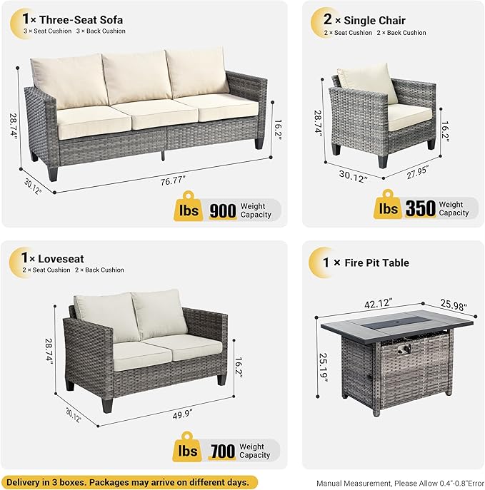 ovios 5 Pieces Patio Furniture Set, Outdoor Wicker Rattan Sofa Couch with 42" Fire Pit Table, Loveseat Chairs, Conversation Sets for Yard Porch Garden, Beige