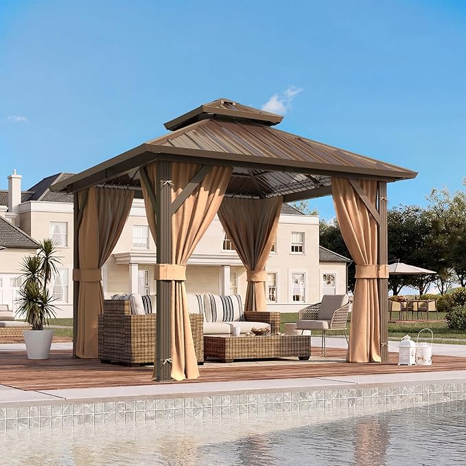 YOLENY 10' x 10' Gazebo Hardtop with Aluminum Frame,Galvanized Steel Double Roof Gazebos with Curtain and Netting,Outdoor Metal Pergolas for Garden, Lawn, Deck, Brown