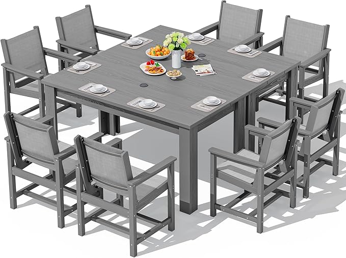 SERWALL 10 Piece Outdoor Dining Table Sets for 8 with 2 Umbrella Hole Cut-Out Rectangular Tables and 8 Textilene Chairs, HDPE Dining Table Sets for Garden, Backyard, Poolside, Gray
