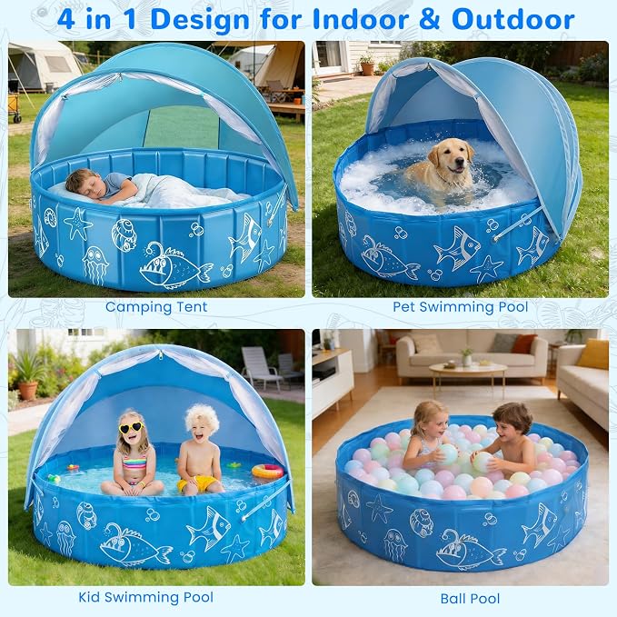 Foldable Kiddie Pool with Removable Canopy, 47in Portable Kids Swimming Pool for Baby Toddler, Summer Water Play Pool with Mosquito for Outdoor Backyard Beach