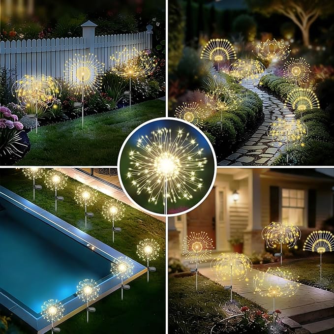 Solar Garden Lights Outdoor, 2 Pack 120 LED Twinkling Firework Lights Decorative with 2 Modes, Outdoor Waterproof Solar Starburst Light for Yard Pathway Planter Patio Decor, Warm White